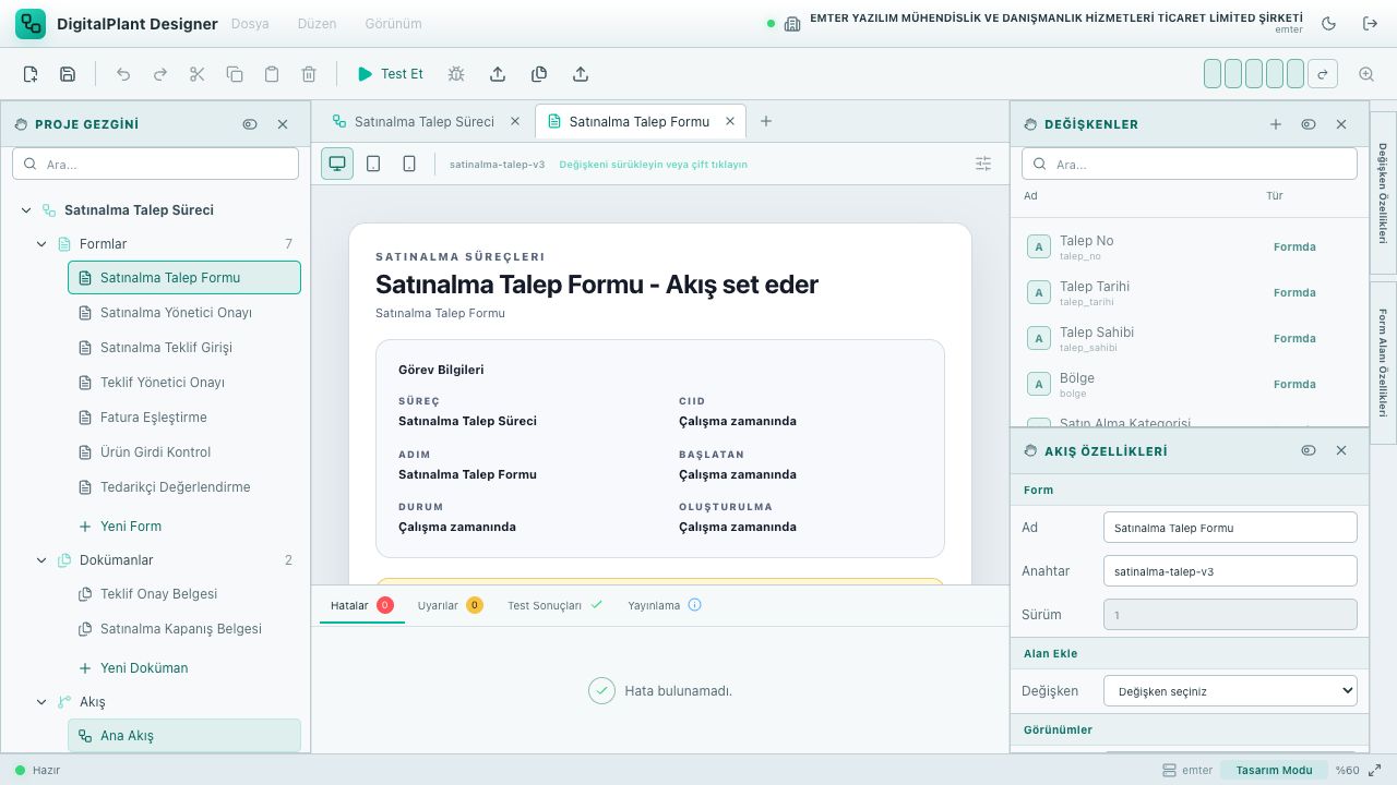 Satınalma Talep Formu tasarım ekranı